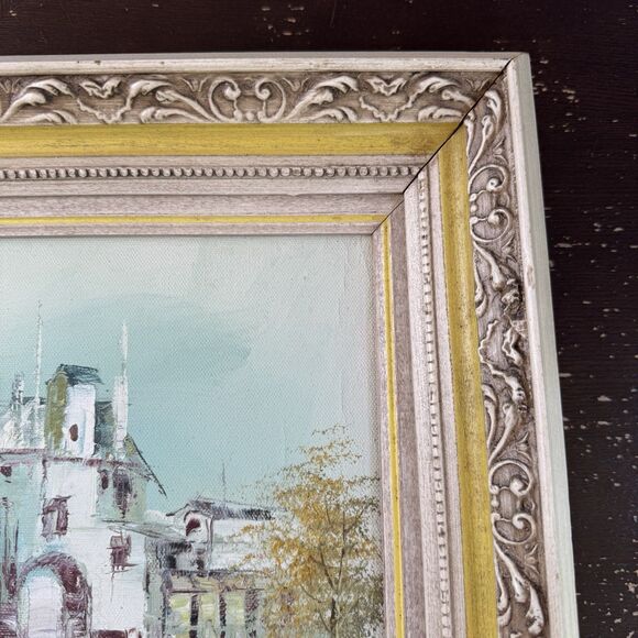 Original Signed Painting Artwork On Wooden Frame Buildings Landscape Community - Picture 6 of 9